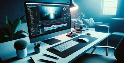 Lägg till text i video med Adobe After Effects@ som illustreras av en elegant redigeringsarbetsplats med blått ljus