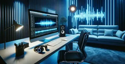 Un studio d'édition audio sophistiqué baigné d'un éclairage bleu froid