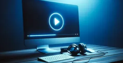 Legg til tekst i video med Movavi, avbildet av en datamaskin på tre med et avspillingsikon, et tastatur og hodetelefoner.