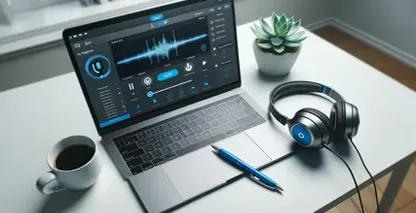 Espacio de trabajo MacBook con forma de onda de audio, software de edición y auriculares de calidad.
