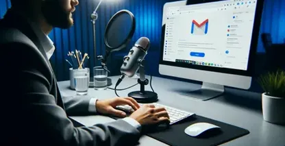 コンピュータのマイクの前で、Gmailが開いた電子メールを口述する準備をしている男がいる。