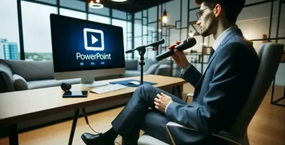 Un uomo in ufficio con microfono guarda il monitor con il logo PowerPoint.