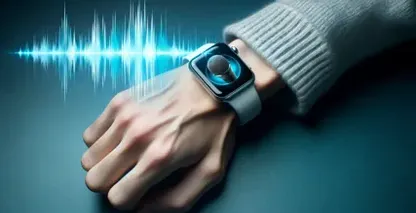 A close-up of a person's wrist wearing an Apple Watch displaying a microphone icon, indicating dictation mode