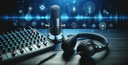 Η προσβασιμότητα των podcasts γίνεται με εξοπλισμό στούντιο που περιλαμβάνει μικρόφωνο, ακουστικά και οθόνη που εμφανίζει κυματομορφές ήχου.