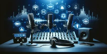 Matériel audio et microphone placés sur une table pour la transcription de podcasts, une stratégie pour attirer plus de clients.