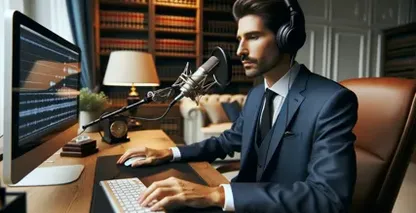 Lawyer in suit using transcription software to analyze legal recordings.