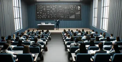 Estratégias de tomada de notas enfatizadas por um instrutor que se apresenta em uma sala de aula moderna com um quadro negro detalhado.