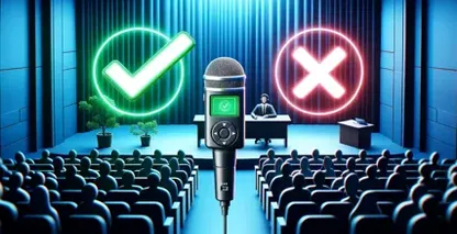 Les avantages et les inconvénients de la transcription des conférences sont illustrés par des symboles lumineux en forme de croix et de crochet à côté d'un microphone.