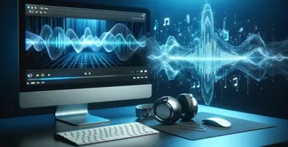 Kehittynyt äänenkirjoitusohjelmisto, jota edustaa näyttö, jossa on äänen aaltomuodot ja kuulokkeet.