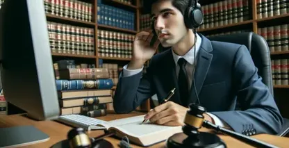 Servicios de transcripción jurídica presentados por un profesional con auriculares en una biblioteca jurídica.