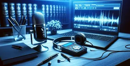 Mikrofon, hörlurar och bärbar dator som visar ljudvågformer och belyser transkriberingsprocessen.