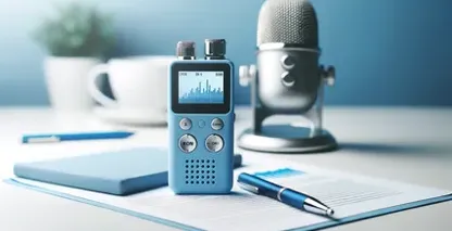 Инструментами для записи интервью являются цифровой диктофон, микрофон и открытый документ с блокнотом.