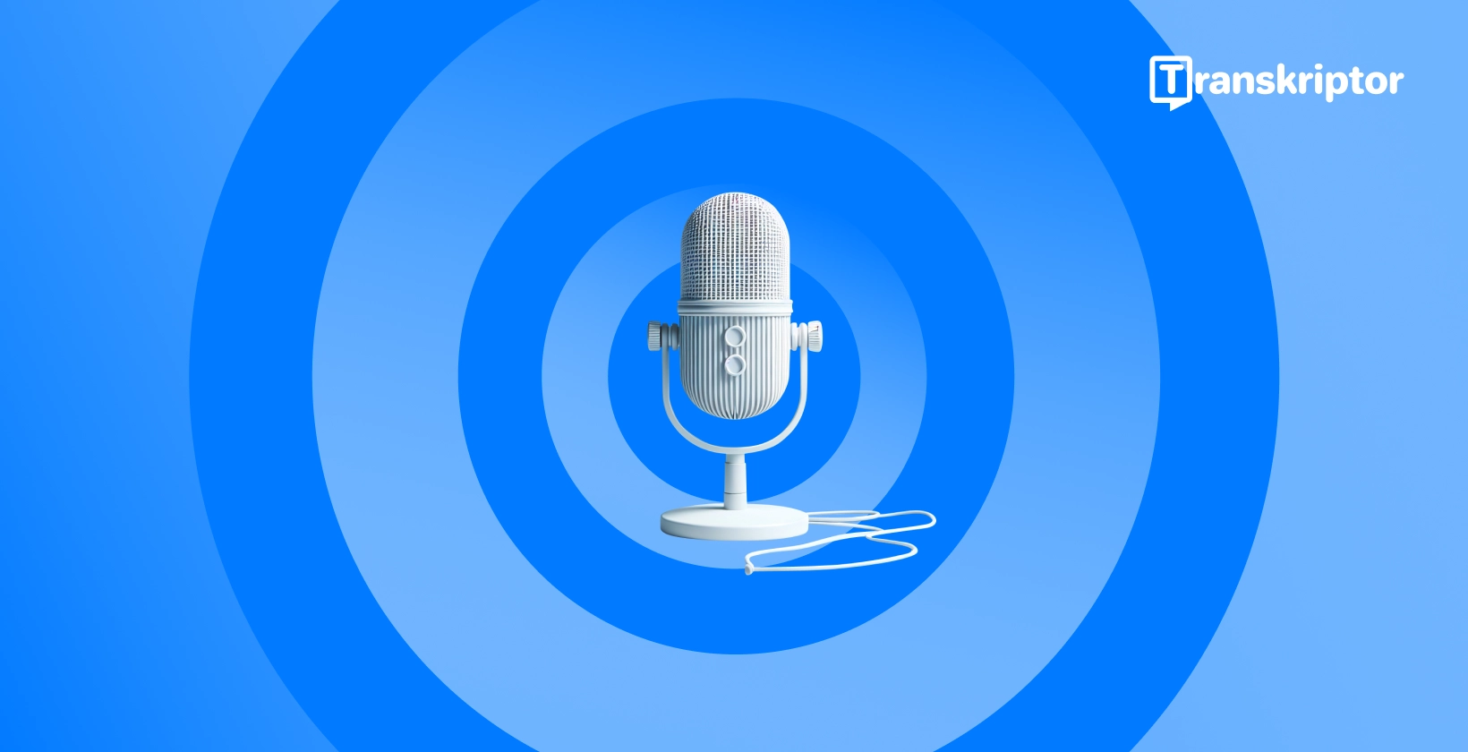 Nowoczesny mikrofon ustawiony na niebieskim tle, symbolizujący funkcje dyktowania głosu w programie Microsoft Word.
