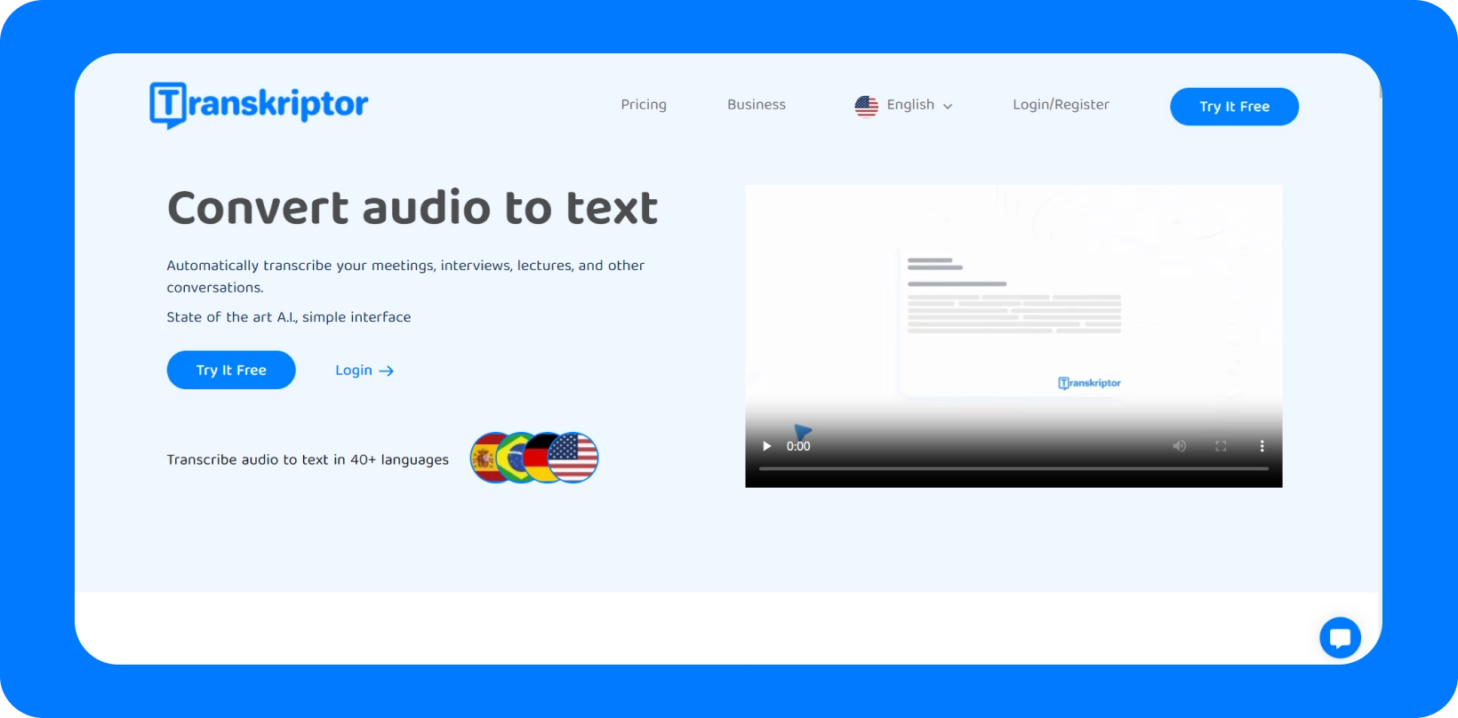 Transkriptor interface apresentando o serviço 'Converter áudio em texto' com suporte a vários idiomas.