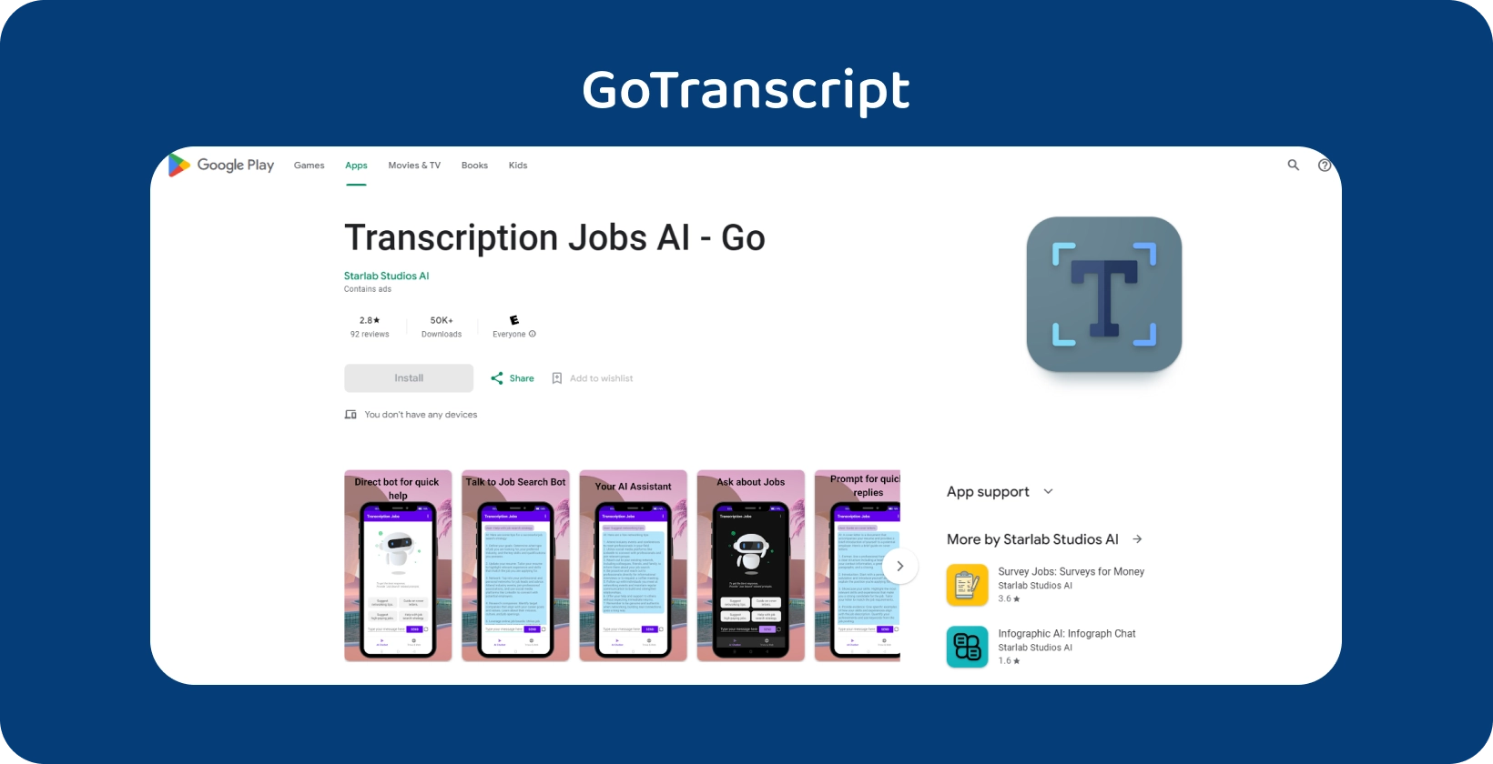 GoTranscript app on Google Play, designed for managing transcription jobs with an intuitive mobile interface.