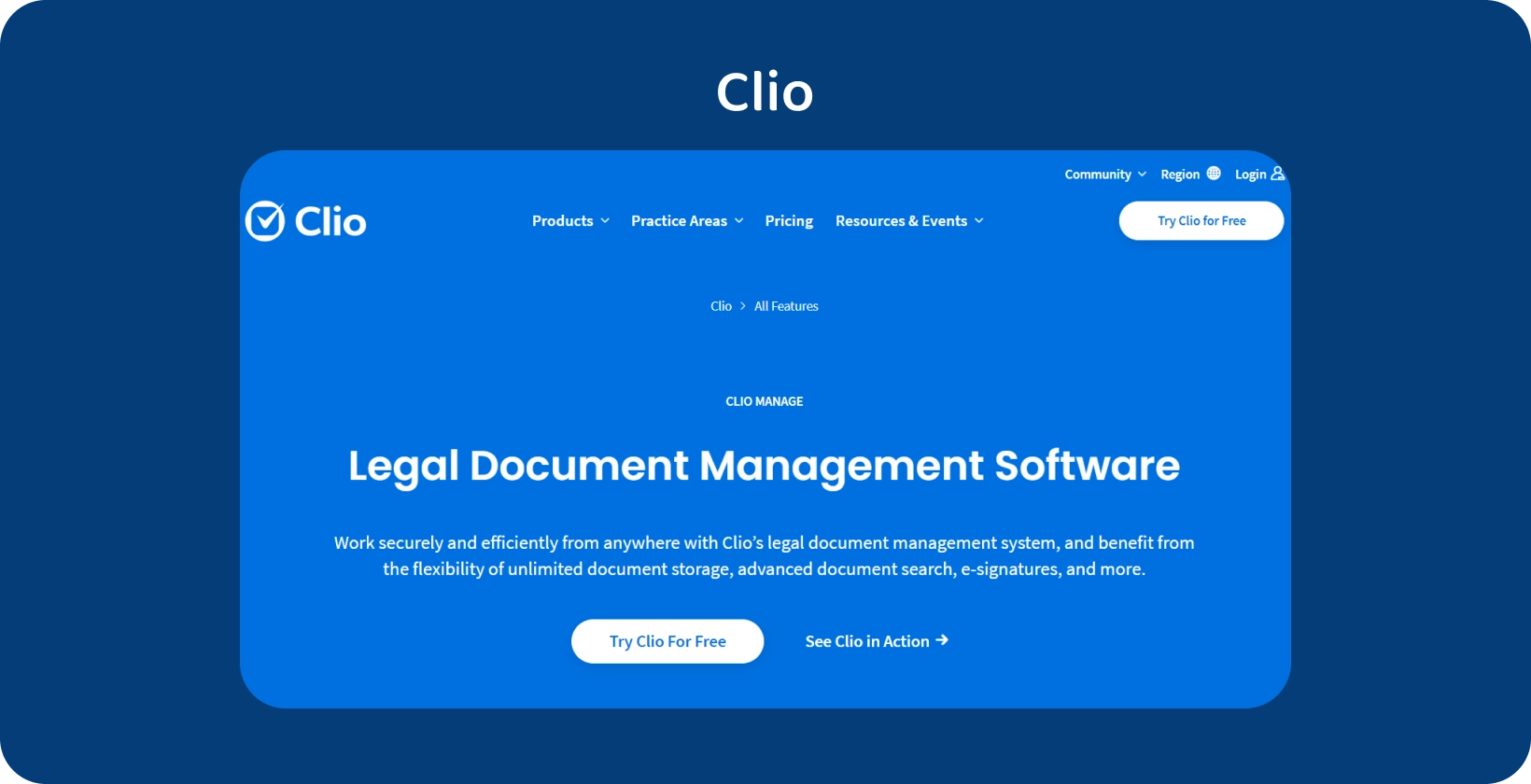 Clio's user interface showcases its Legal Document Management Software, optimizing organized records handling.