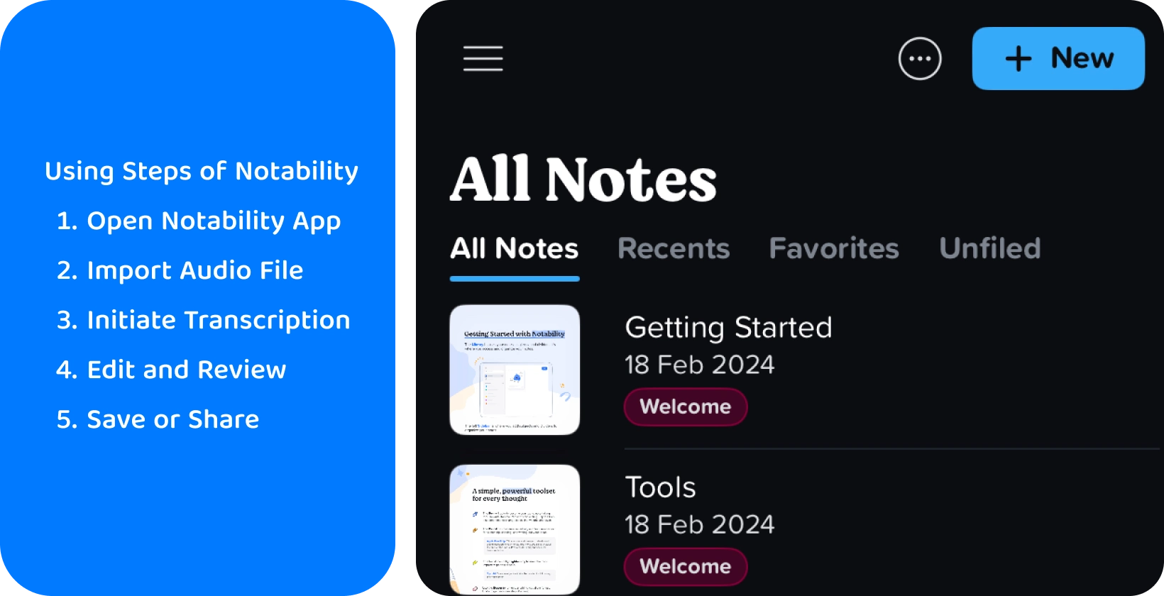 View of Notability's All Notes screen, highlighting tools for audio-to-text conversion on a digital device.