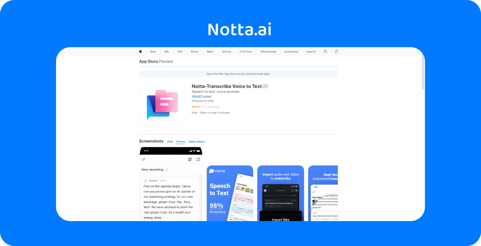 Nota.ai's App Store preview with new features for converting voice to text with AI accuracy showcased.
