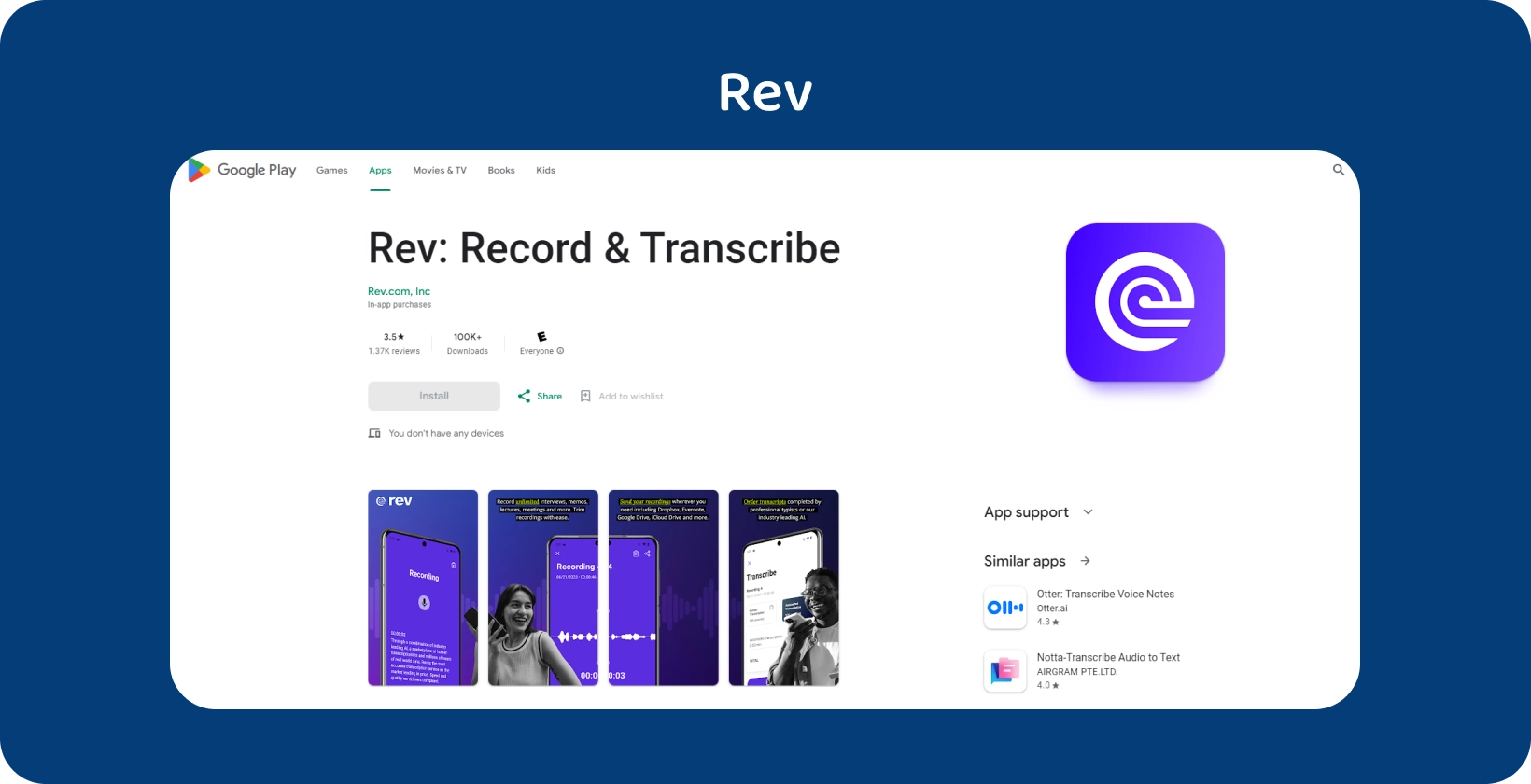 Google Play Store display of Rev app, highlighting features for recording and transcription on Android devices.