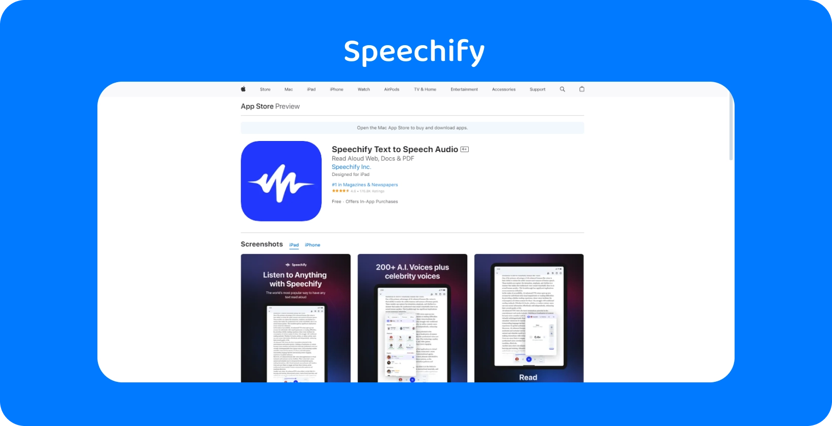 The Speechify app in the App Store, displaying features for converting text to speech with various voice options.