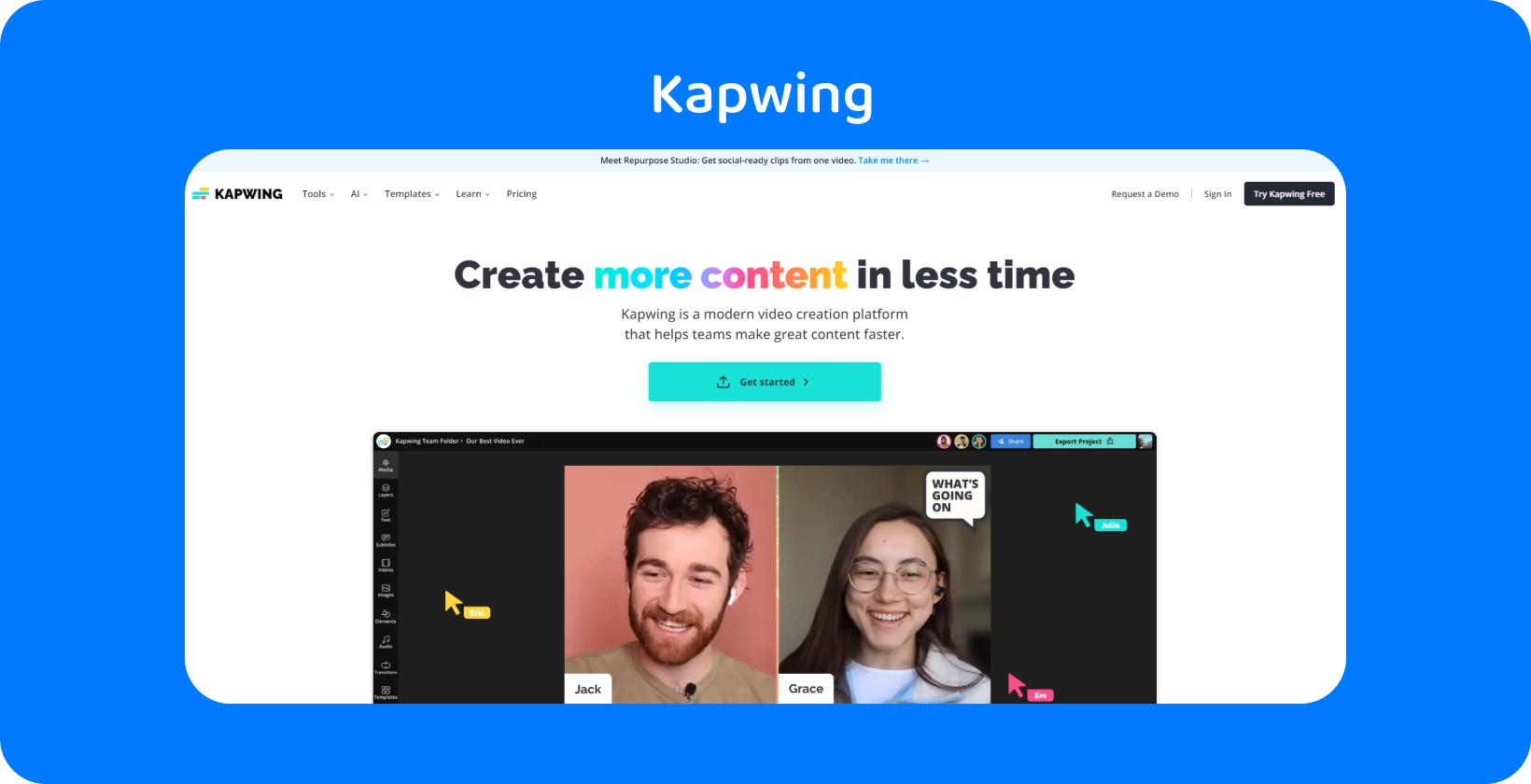 Kapwing subtitle editor showcased with a user-friendly interface, aiding teams in efficient content creation.