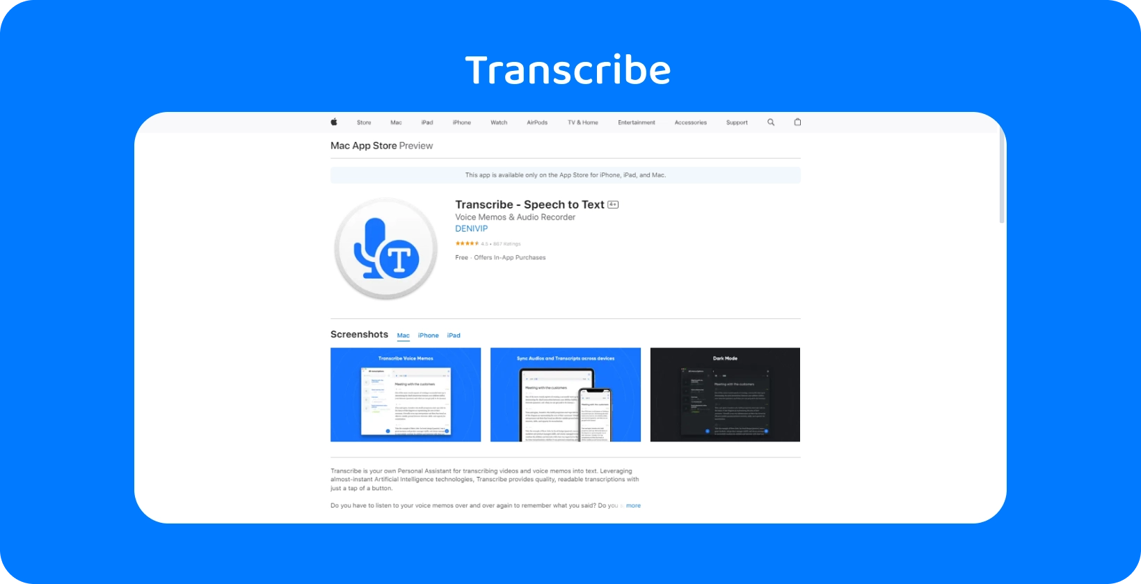 Screenshot of the Transcribe app on the Mac App Store, highlighting its speech-to-text capabilities.