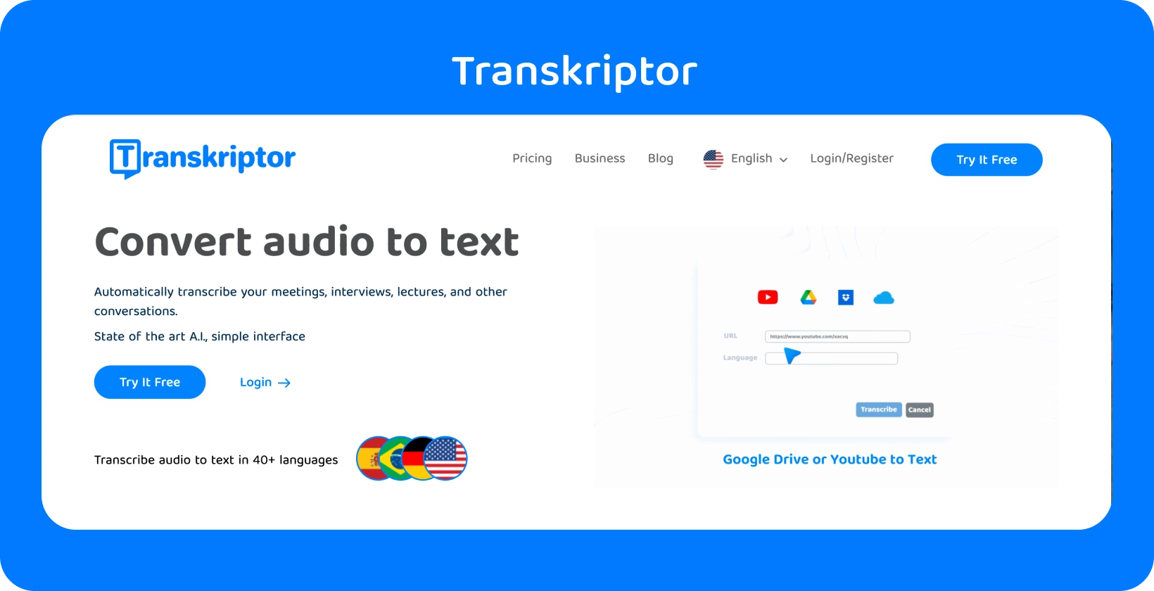 Transkriptor's webpage mentioning the 'Convert audio to text' feature, ready for easy transcription.