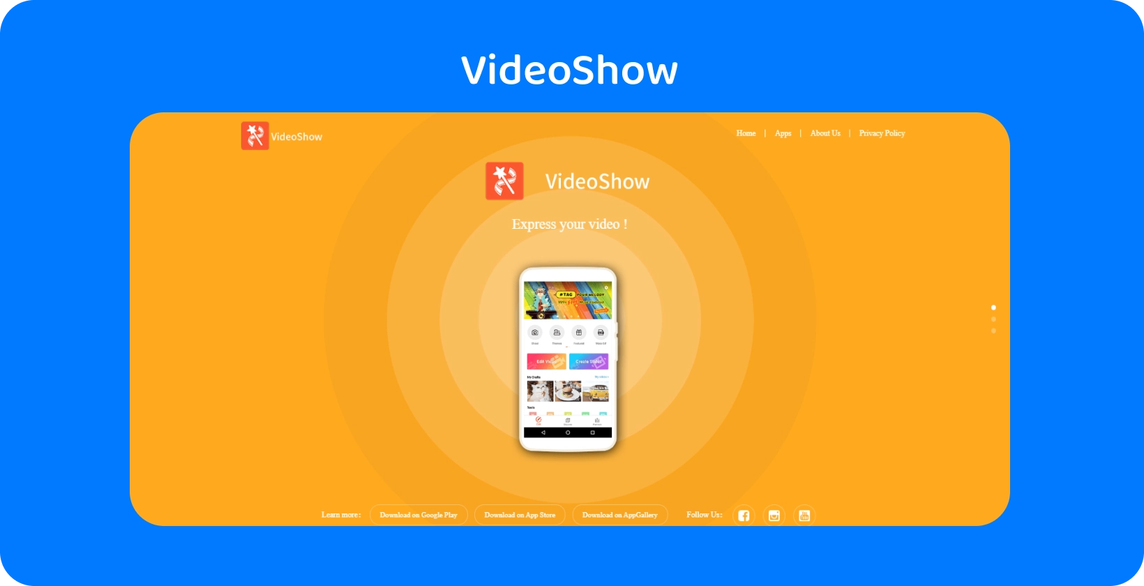 VideoShow app interface on a screen, offering easy video editing tools and features on a vibrant orange background.