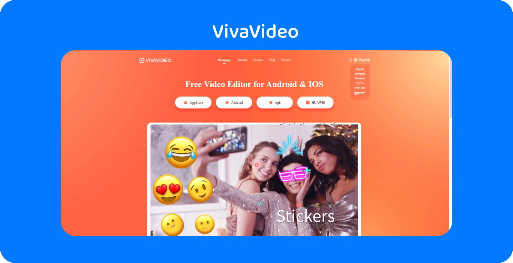 VivaVideo app page with a vibrant orange backdrop, showcasing sticker features for enhancing videos on Android and iOS.
