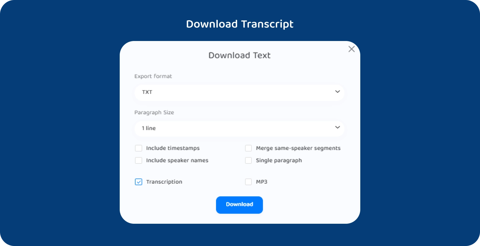 Transkriptor rozhraní zobrazující možnosti stažení textu přepsané přednášky.