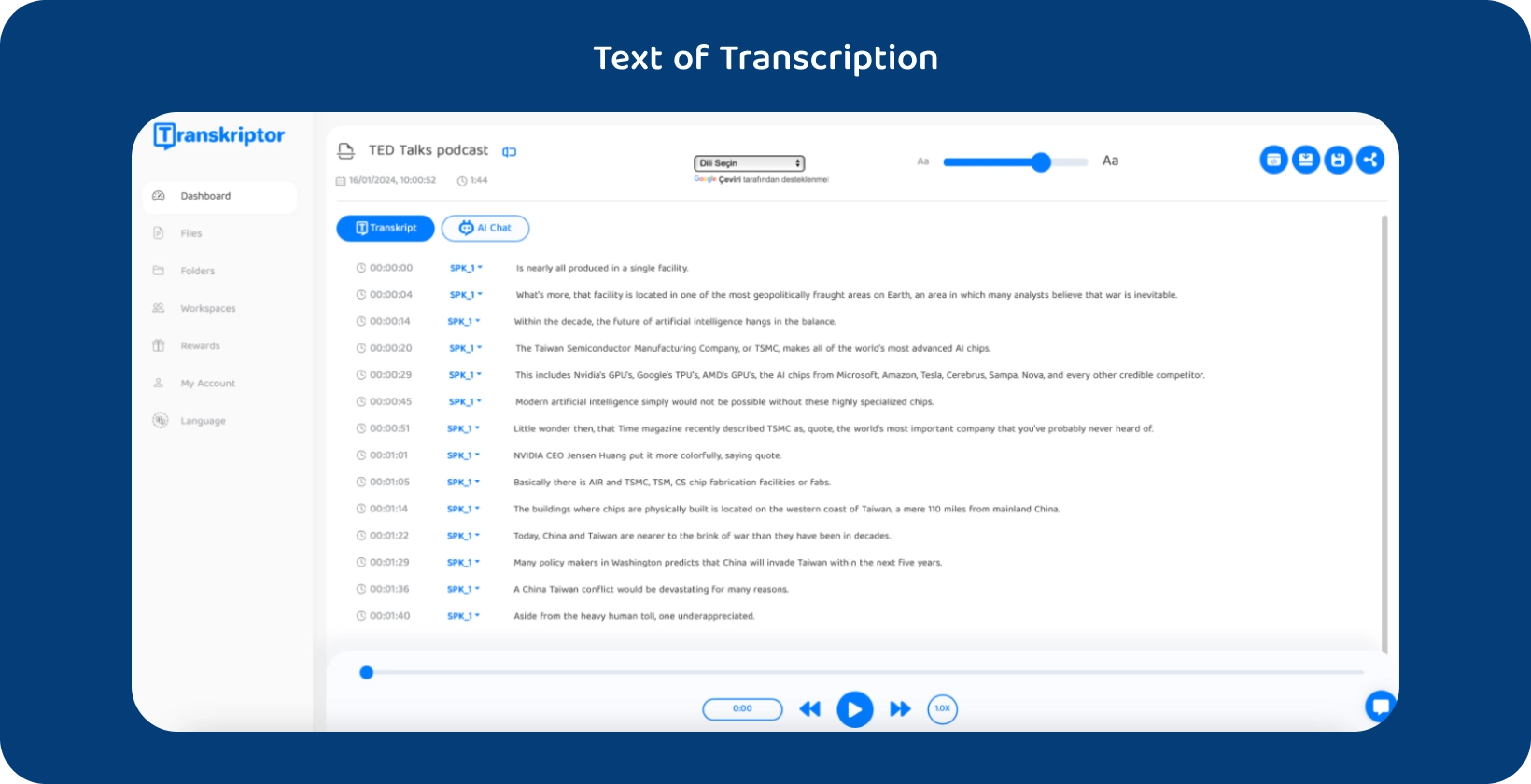 Transkriptor szoftveres felület, amely egy átírt TED Talks podcastot jelenít meg.