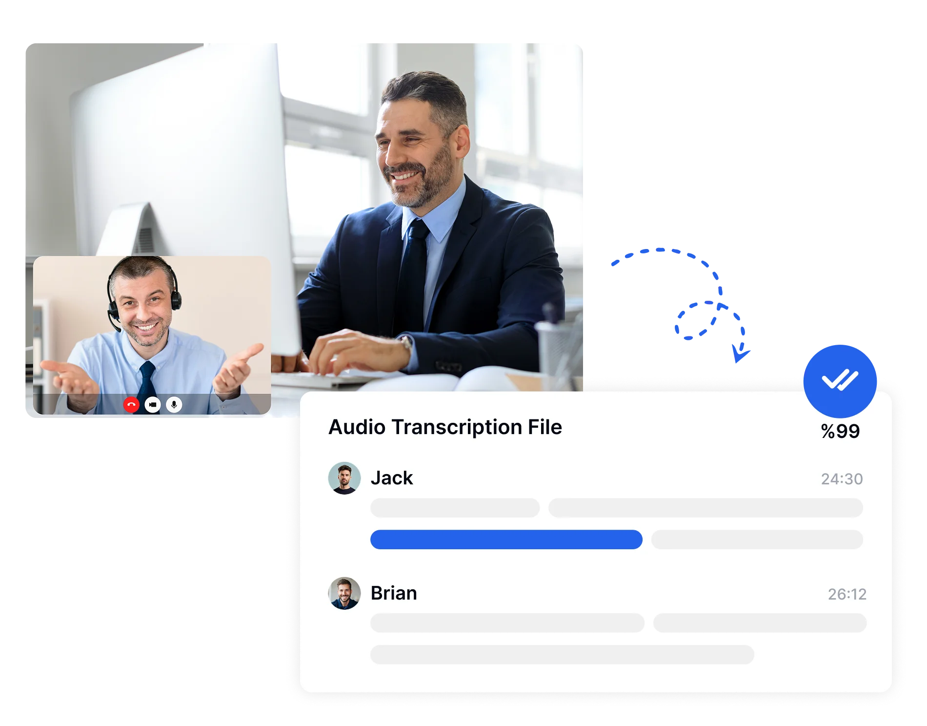 Profissionais de negócios usando software avançado de transcrição com 99% de precisão e recursos de resumo alimentados por IA.