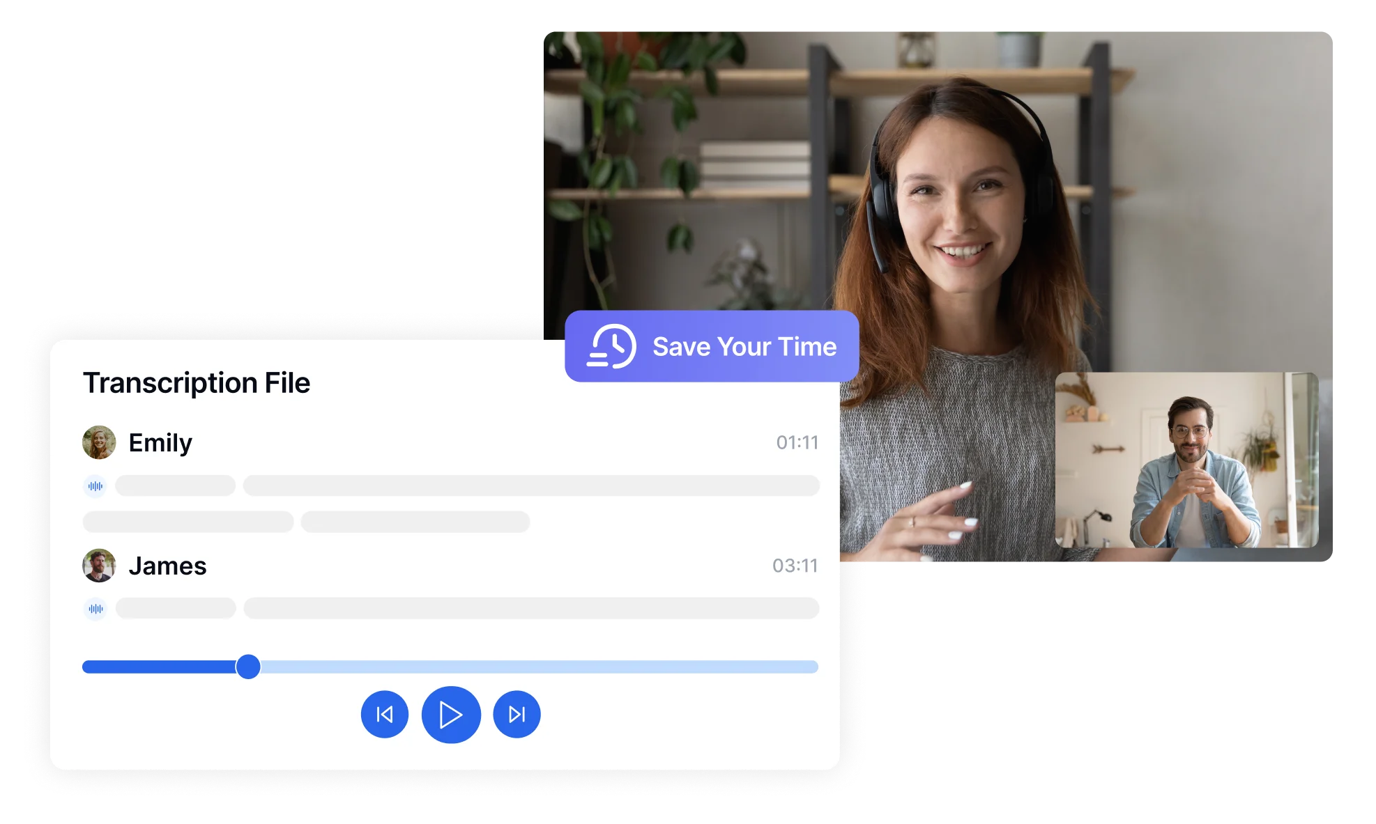 Interface de transcrição automatizada mostrando economia de 80% de tempo com conversão de áudio para texto 10x mais rápida para fluxos de trabalho profissionais.