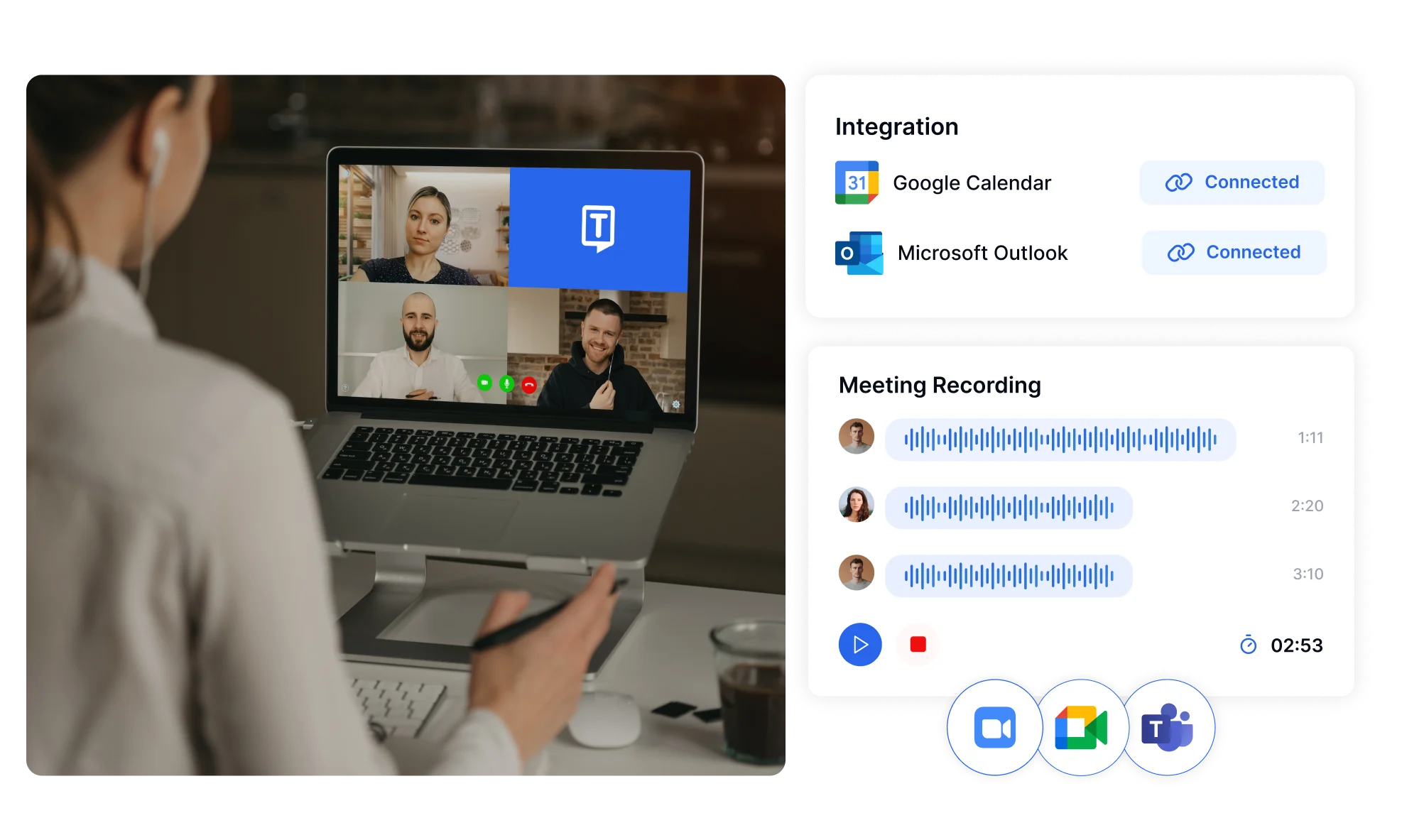 Integração de calendário com Google e Microsoft Outlook para gravação e transcrição automática de reuniões por videoconferência.