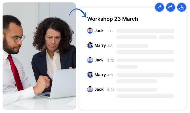 Identifique os palestrantes com precisão em reuniões de consultoria, aumentando a clareza da documentação e o rastreamento de ações.