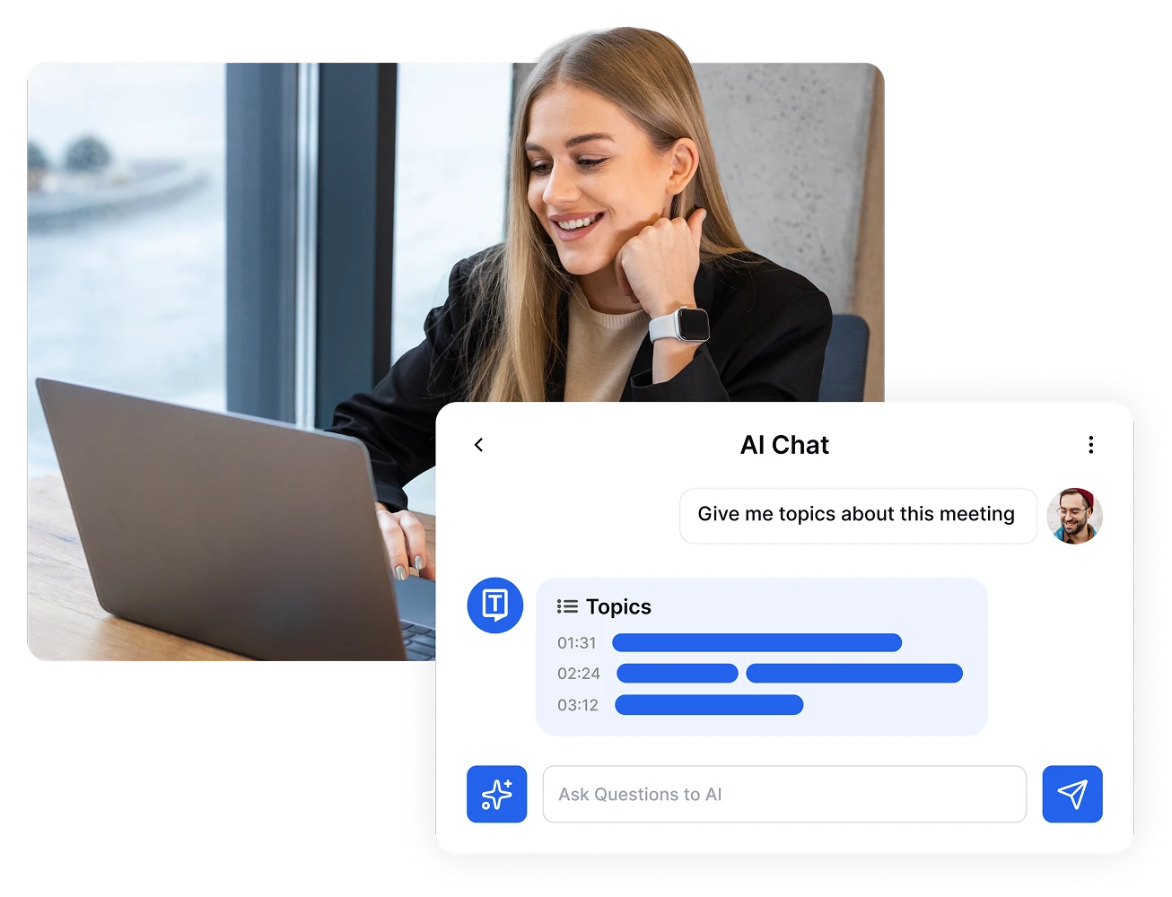 Mulher usando ferramenta de chat com IA no laptop para tópicos de reunião.