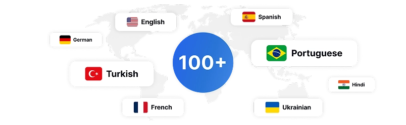 Suporte à transcrição de 100+ idiomas com sinalizadores internacionais para documentação e acessibilidade de reuniões globais.