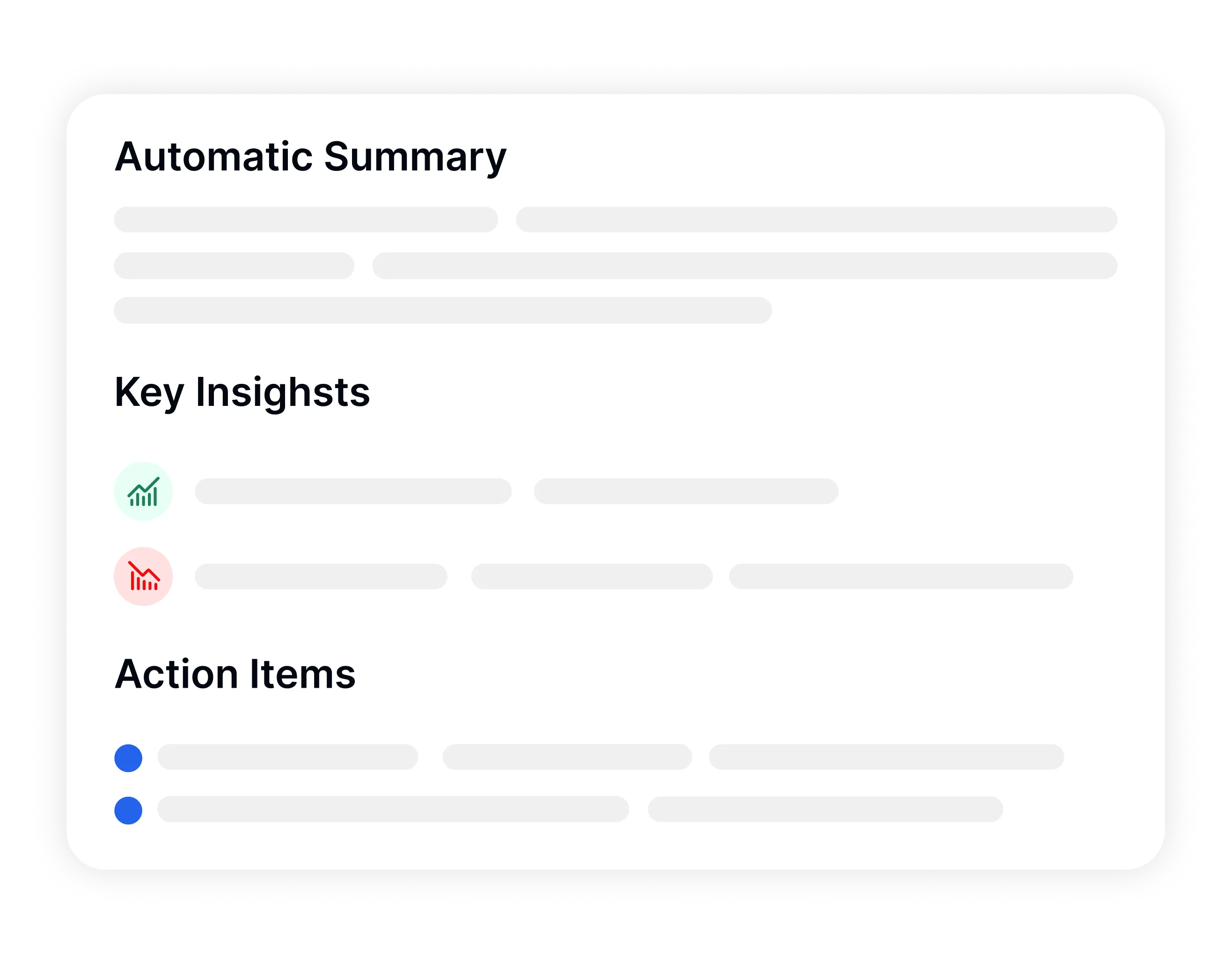 Interface de resumo automático mostrando principais insights e itens de ação.