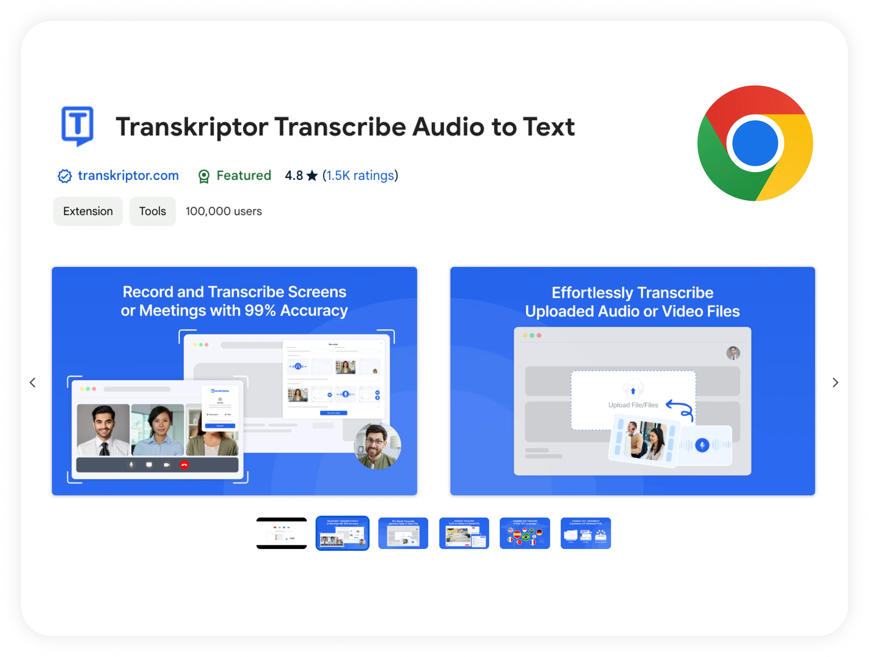 Uma ilustração mostrando o Transkriptor como a extensão número um para Chrome.