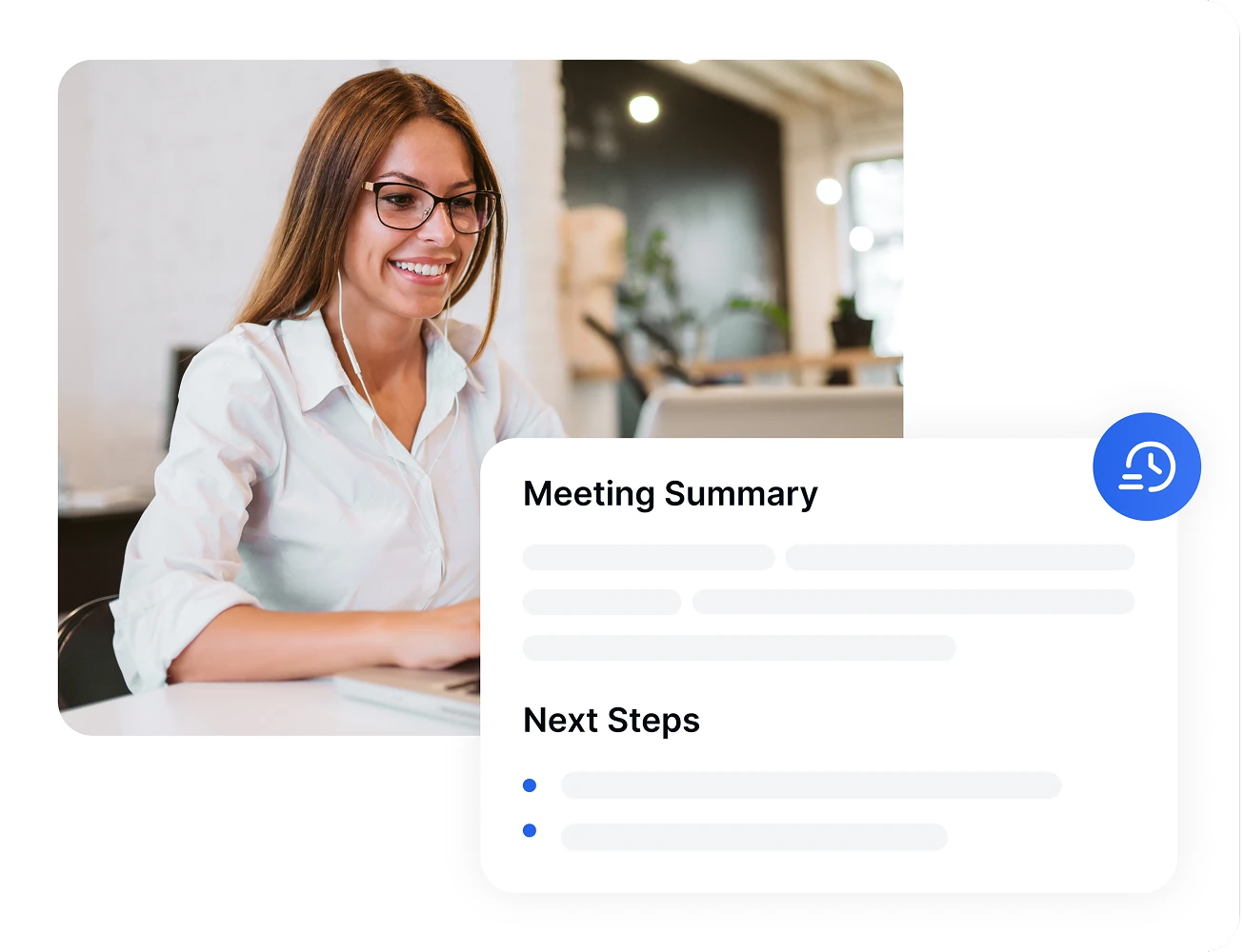 Mulher usando um laptop com resumo de reunião e próximos passos mostrados na tela.