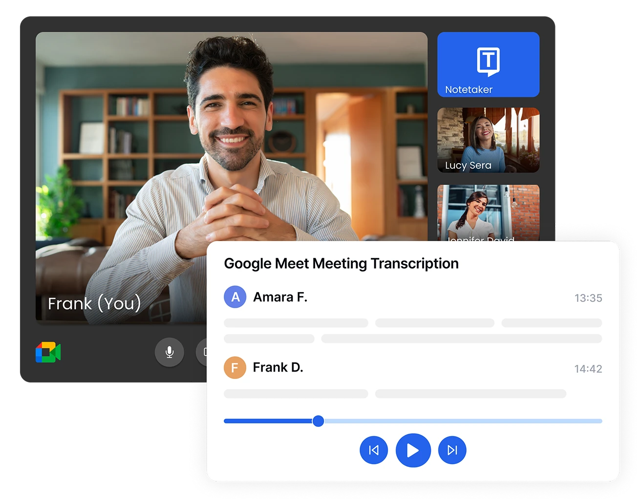 Interface de transcrição do Google Meet com a ferramenta Notetaker exibindo os participantes.