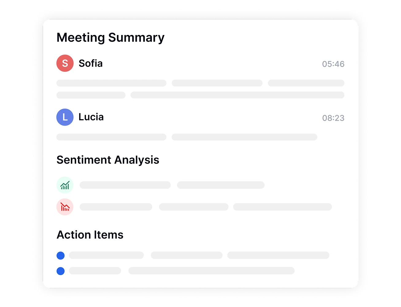 Exibição de resumo de reunião com análise de sentimento e itens de ação.
