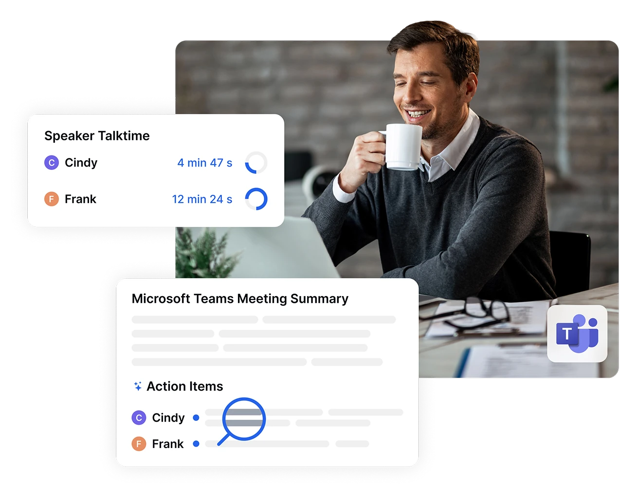 Homem usando Microsoft Teams com análise de tempo de fala exibida na tela.