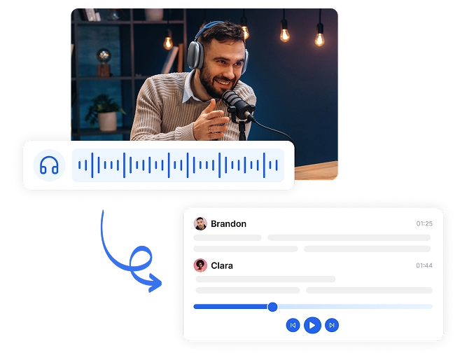 Software de transcrição de podcast com tecnologia de AI que converte áudio em texto com 99% de precisão e identificação automatizada do locutor.