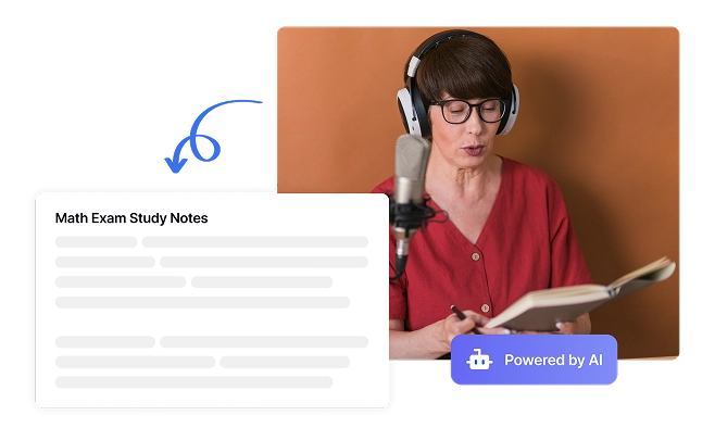 Serviço de transcrição de podcast educacional criando materiais de estudo acessíveis com anotações com inteligência AI para alunos e educadores.