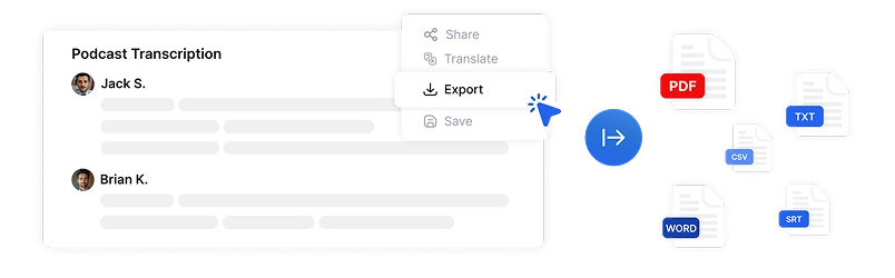 Software de transcrição de podcast que oferece vários formatos de exportação, incluindo PDF, Word, SRT e TXT para reaproveitamento de conteúdo.