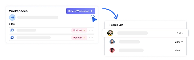 Sistema seguro de organização de transcrição de podcast com espaços de trabalho personalizáveis para gerenciamento e colaboração de conteúdo eficientes.