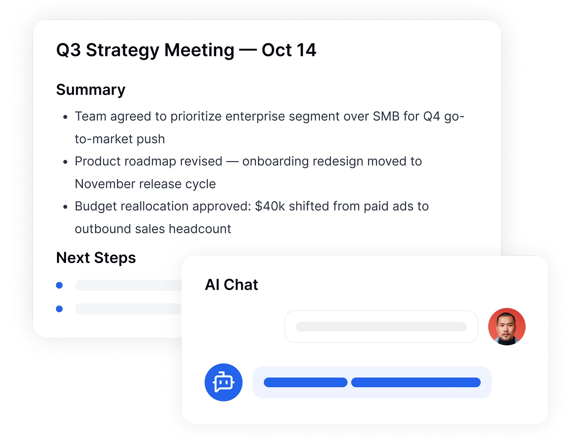 Recurso de chat com IA e resumos instantâneos para transcrições de fala em texto.