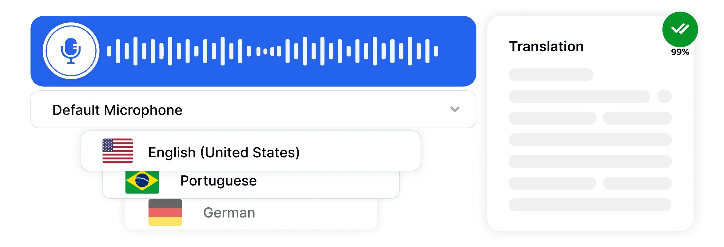 Representação visual de uma ferramenta que suporta mais de 100 idiomas para transcrição.