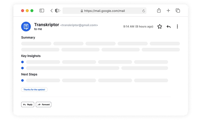 Resumo da transcrição do Google Meet mostrando 75% de economia de tempo com itens de ação organizados e documentação de reunião.